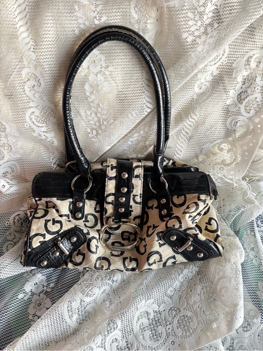 Designer-Inspired Black & Cream Logo Satchel